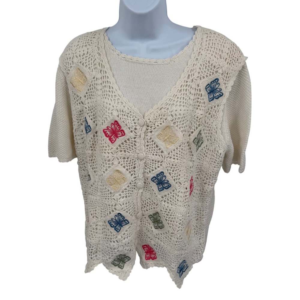 Koret Francisca Womens M Cardigan Vtg Cream Butterfly Crochet‎ Knit Cottagecore
